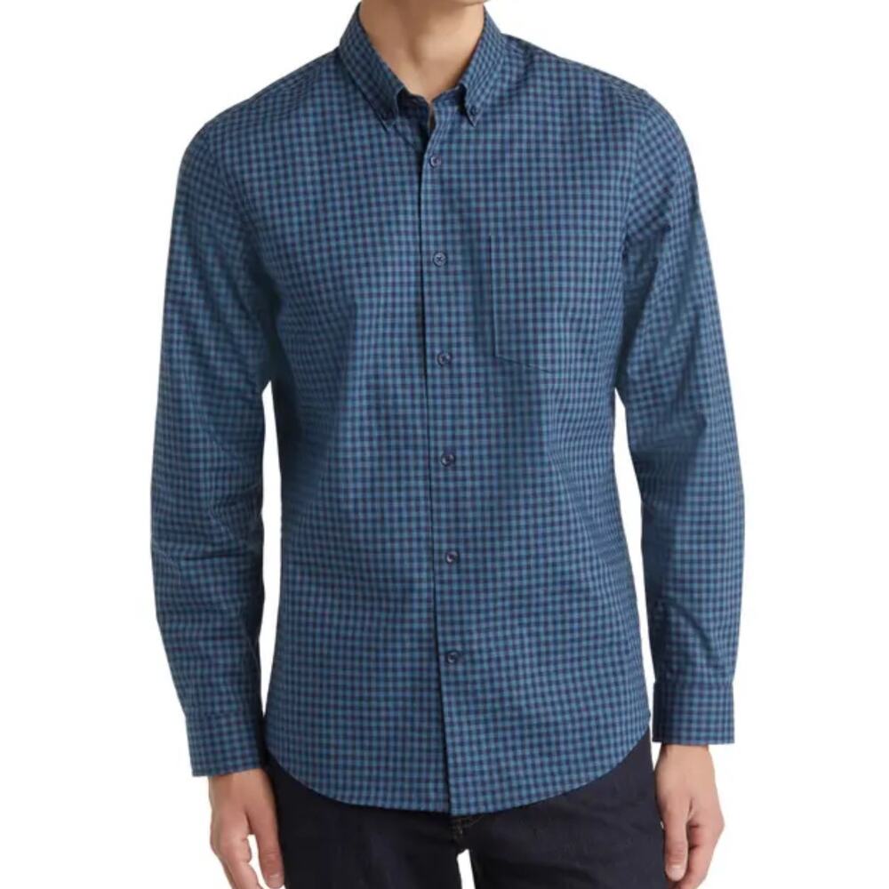 Nordstrom Tech Smart Button Up Shirt Small Men Teal Trim Fit CoolMax Long Sleeve